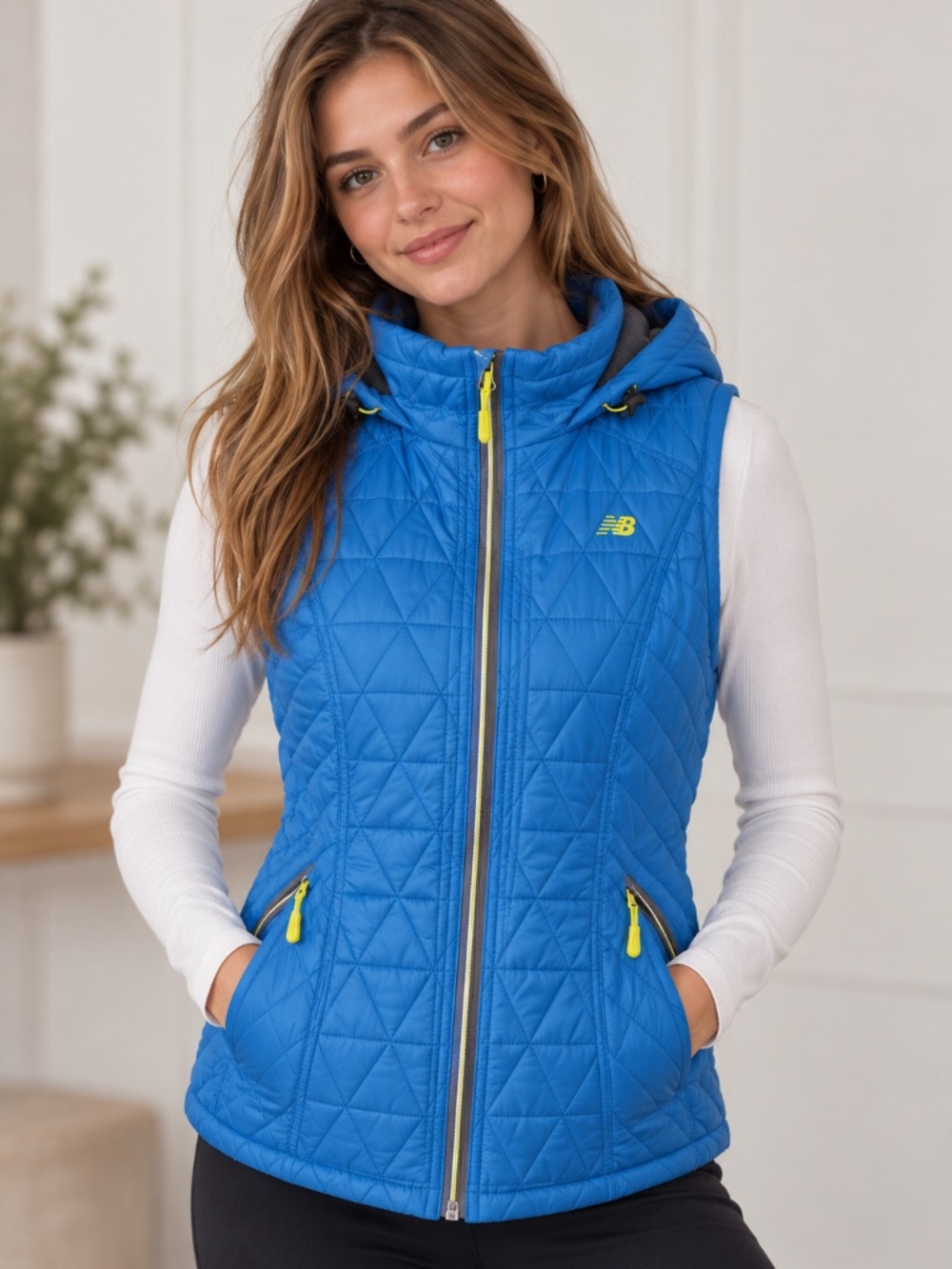 New Balance Bright Blue Quilted Hooded Vest with Yellow Accents
